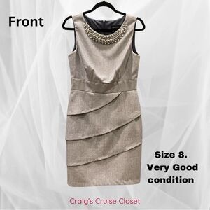 Connected Apparel: Elegant Gray Embellished Neckline Dress, Size 8.
